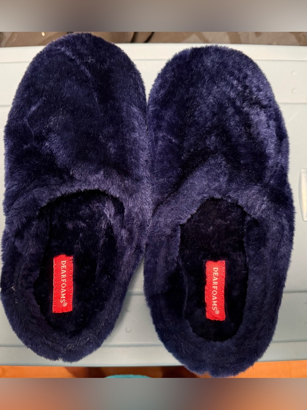dearfoams Navy Plush Faux-Fur Slip-On Slippers size 8-9